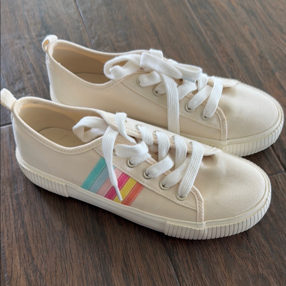 Cream Canvas Sneakers with Rainbow Detail